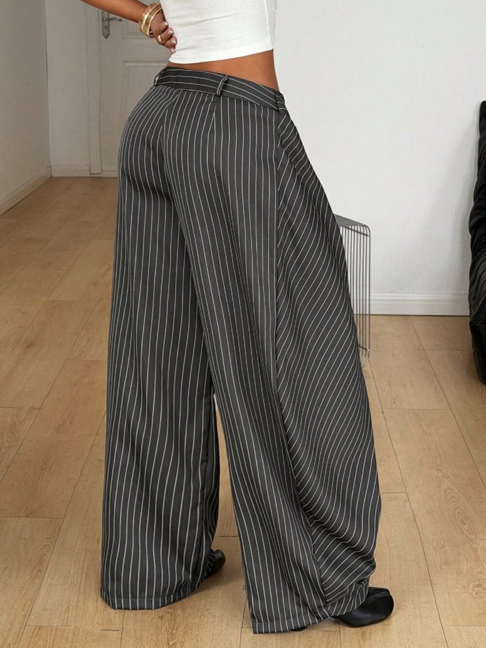 Grey Casual Women's Striped Baggy Wide Leg Curved Hem Office Pants - Picture 2 of 7